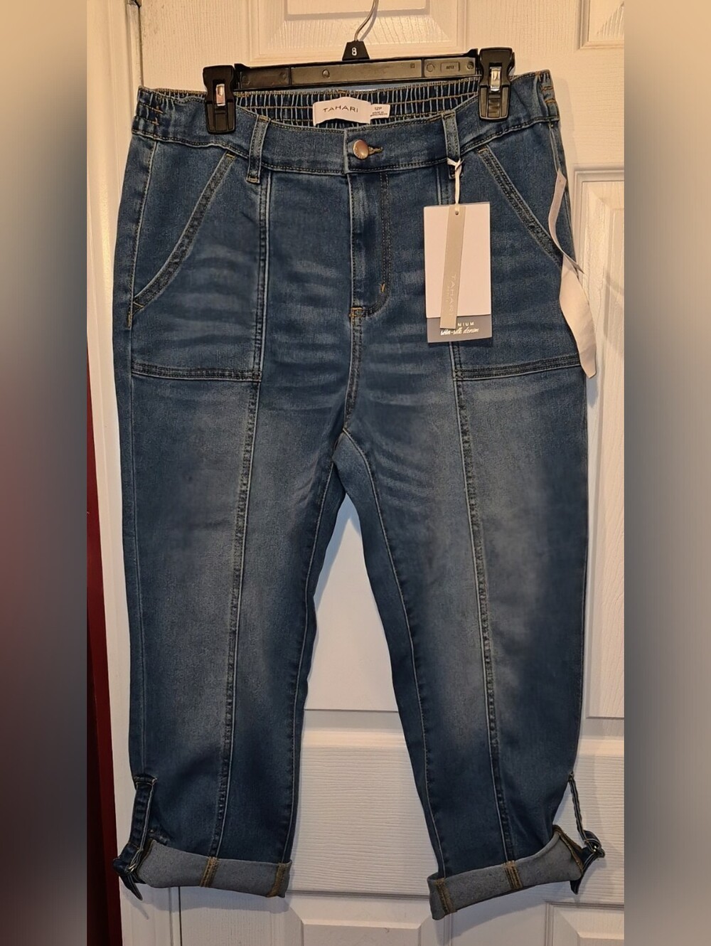 NWT Tahari Premium Seta-Silk Denim Utility Crop Jeans. Size: 12P (Petite)